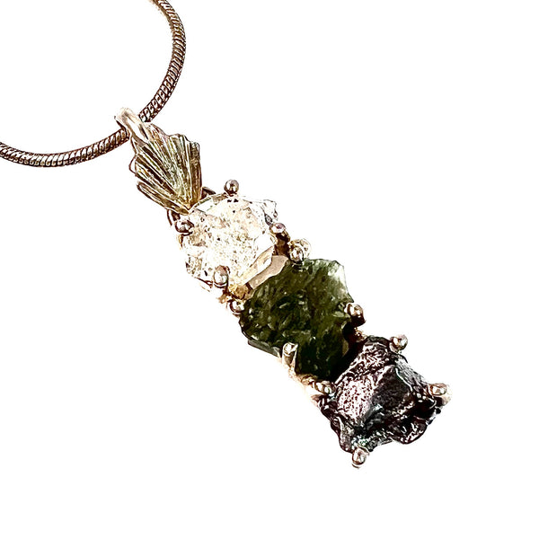 Moldavite, Campo de Ceilo Meteorite & Herkimer Diamond Sterling Silver Pendant - Keja Designs Jewelry