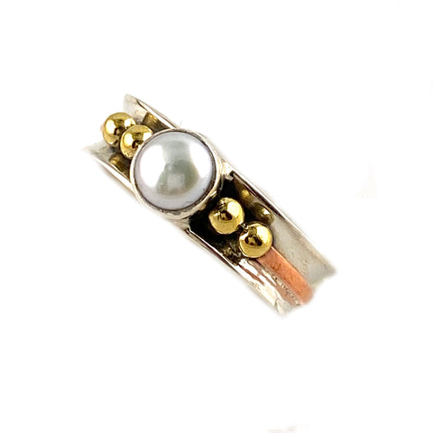 Pearl Three Tone Sterling Silver Ring - Keja Designs Jewelry