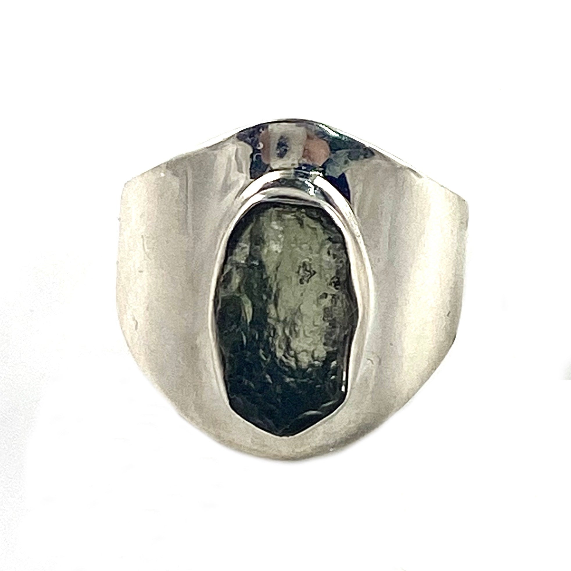 Moldavite Rough Sterling Silver High Shine Band  Ring - Keja Designs Jewelry