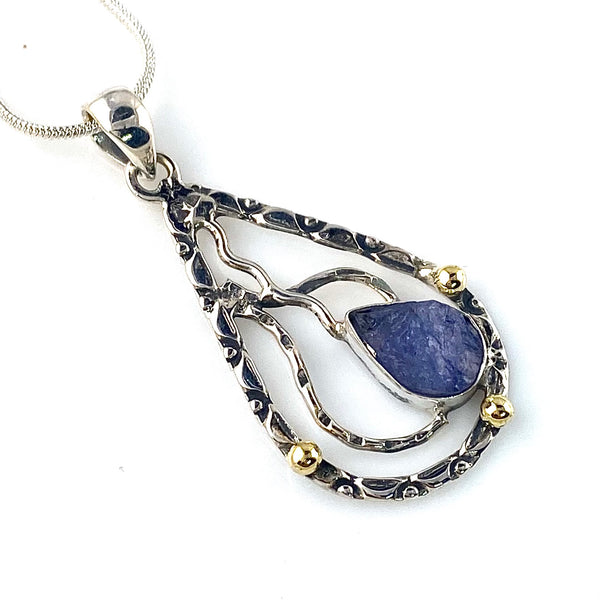 Tanzanite Rough Sterling Silver Two Tone Textured Pendant - Keja Designs Jewelry