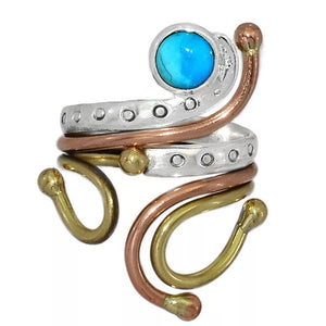 Turquoise Three Tone Sterling Silver Adjustable Ring - Keja Designs Jewelry