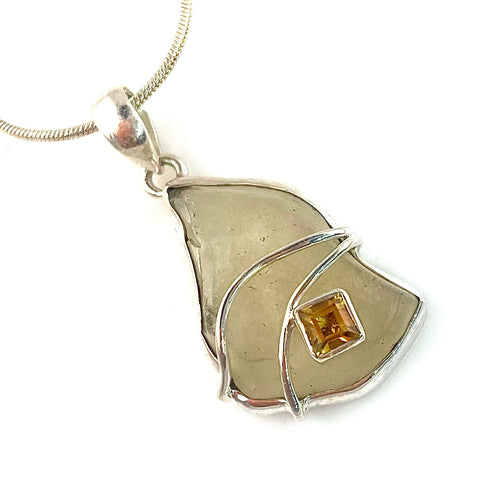 Libyan Desert Glass Meteorite & Citrine Sterling Silver Pendant - Keja Designs Jewelry