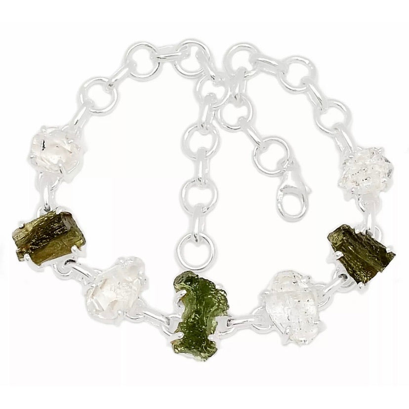 Moldavite & Herkimer Sterling Silver Bracelet - Keja Designs Jewelry