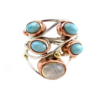 Larimar & Moonstone Sterling Silver Three Tone Collage Ring - Keja Designs Jewelry