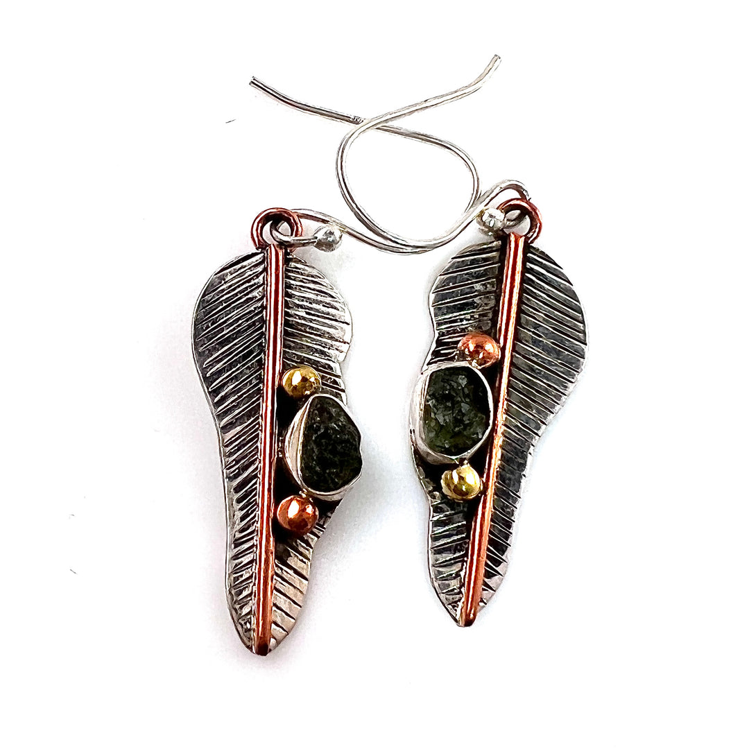 Moldavite Rough Two Tone Sterling Silver Leaf Earrings - Keja Designs Jewelry
