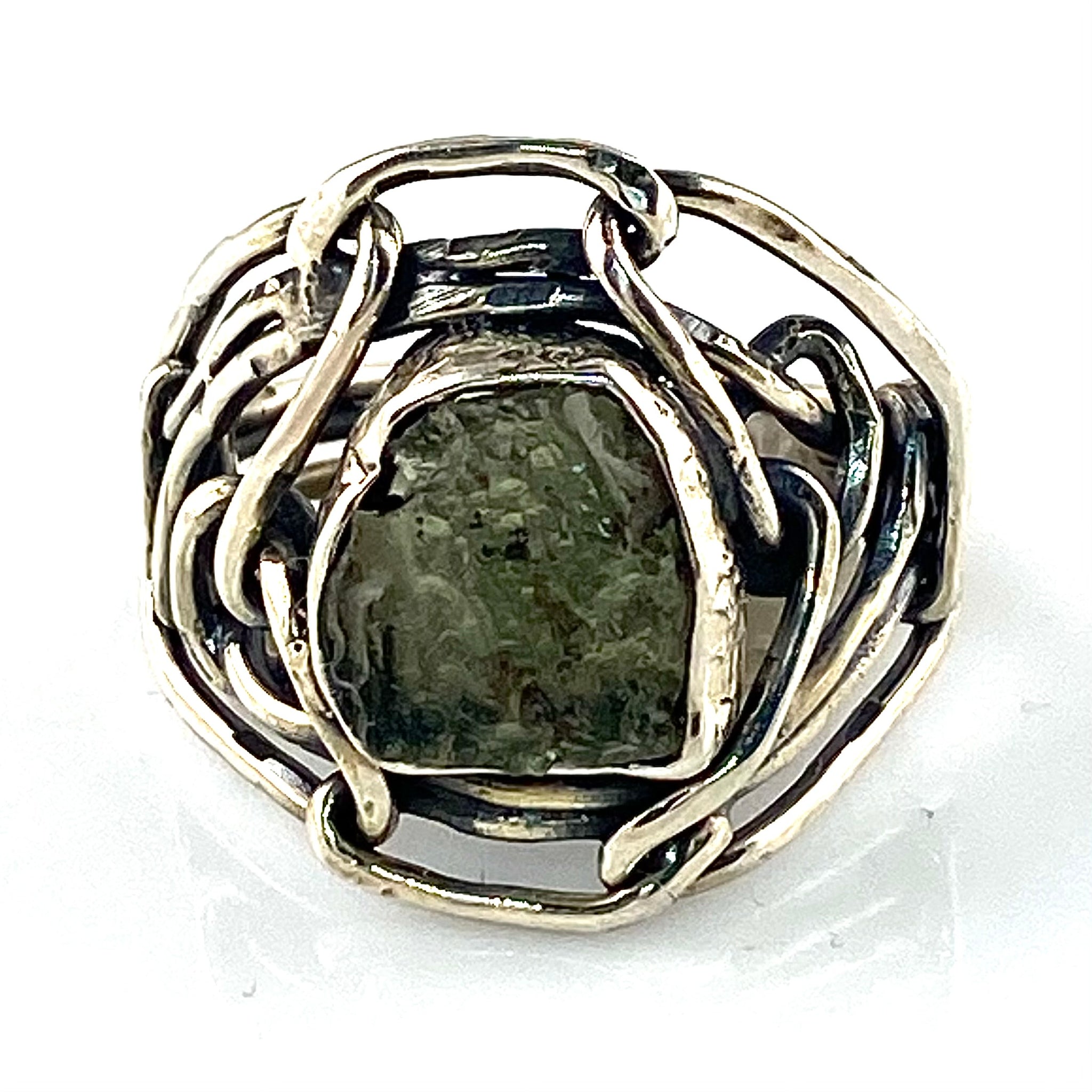 Moldavite Meteorite Industrial Sterling Silver Ring - Keja Designs Jewelry