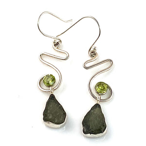 Moldavite Rough & Peridot Sterling Silver Earrings - Keja Designs Jewelry