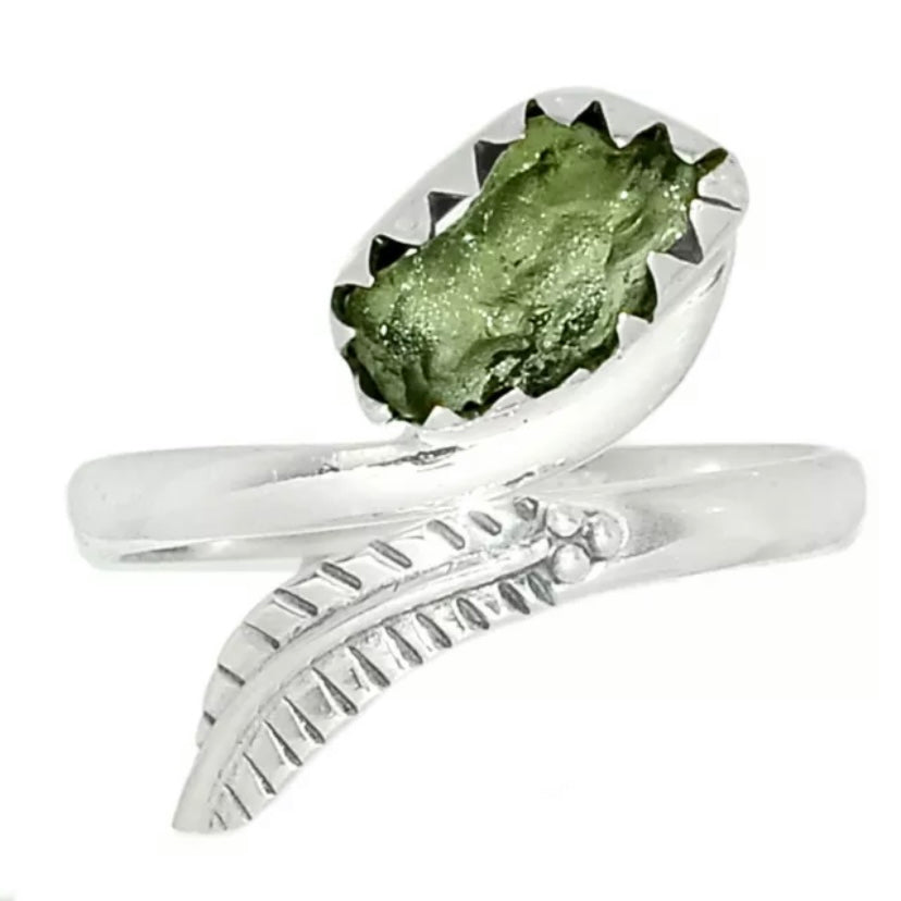 Moldavite Rough Leaf Sterling Silver Adjustable Ring - Keja Designs Jewelry