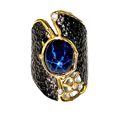 Star Sapphire Sterling Silver Rhodium & Gold Cactus Skeleton Ring - Keja Designs Jewelry