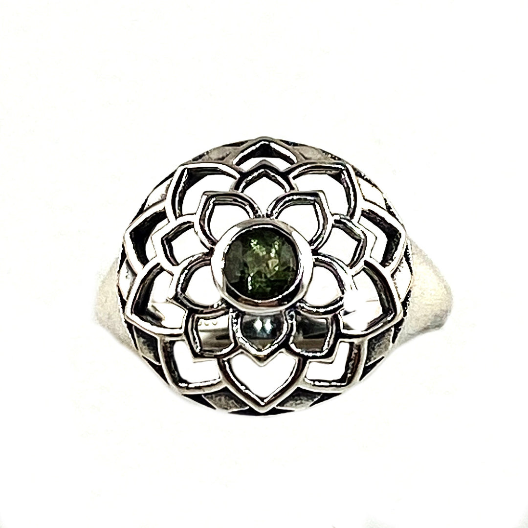 Faceted Moldavite Meteorite Sterling Silver Heart Centered Ring - Keja Designs Jewelry