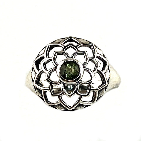 Faceted Moldavite Meteorite Sterling Silver Heart Centered Ring - Keja Designs Jewelry