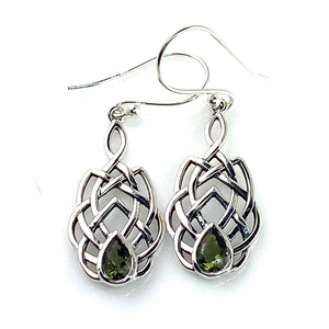 Faceted Moldavite Meteorite Sterling Silver Celtic Earrings - Keja Designs Jewelry