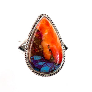 Kingman Orange Dahlia Turquoise Sterling Silver Pear Ring - Keja Designs Jewelry