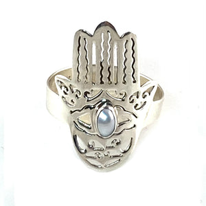 Pearl Sterling Silver Hamsa Hand Ring - Keja Designs Jewelry