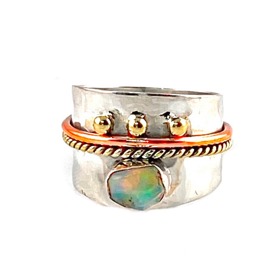 Ethiopian Opal Rough Three Tone Sterling Silver Regal Band Ring - Keja Designs Jewelry
