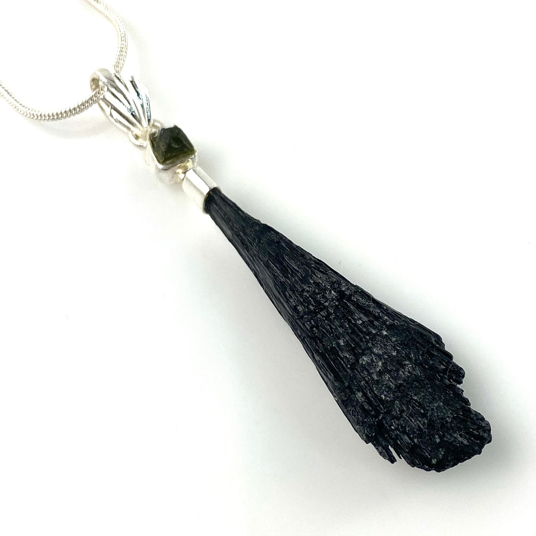 Moldavite & Kyanite Rough  Sterling Silver Pendant - Keja Designs Jewelry