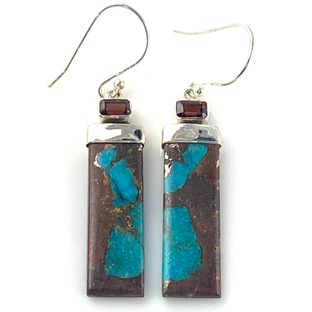 Garnet & Basalt Turquoise Sterling Silver Oblong Earrings - Keja Designs Jewelry