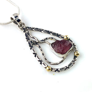 Pink Tourmaline Rough Sterling Silver Two Tone Textured Pendant - Keja Designs Jewelry