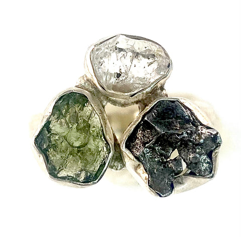 Campo de Cielo Meteorite, Moldavite & Herkimer Sterling Silver Ring - Keja Designs Jewelry