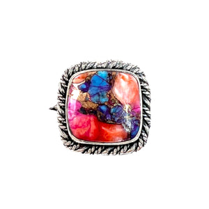 Kingman Dahlia Turquoise Sterling Silver Square Rope Ring - Keja Designs Jewelry