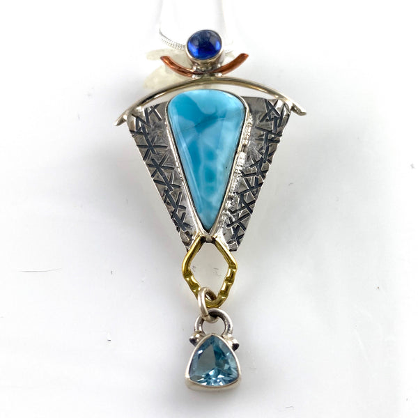 Larimar, Blue Topaz & Kyanite Sterling Silver Three Tone Pendant - Keja Designs Jewelry