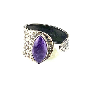Charoite Sterling Silver Adjustable Floral Pattern Ring - Keja Designs Jewelry
