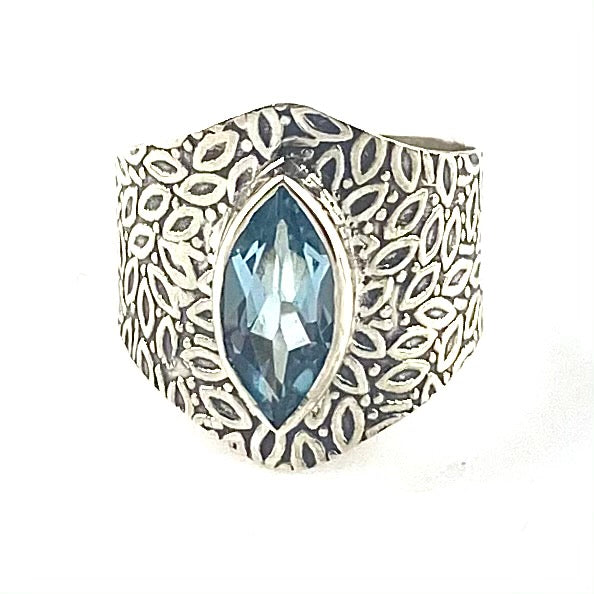 Blue Topaz Sterling Silver Vine Pattern Band Ring - Keja Designs Jewelry