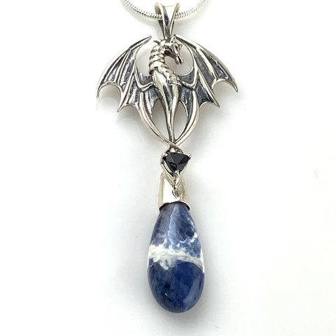 Sodalite & Onyx Sterling Silver Dragon Pendant - Keja Designs Jewelry