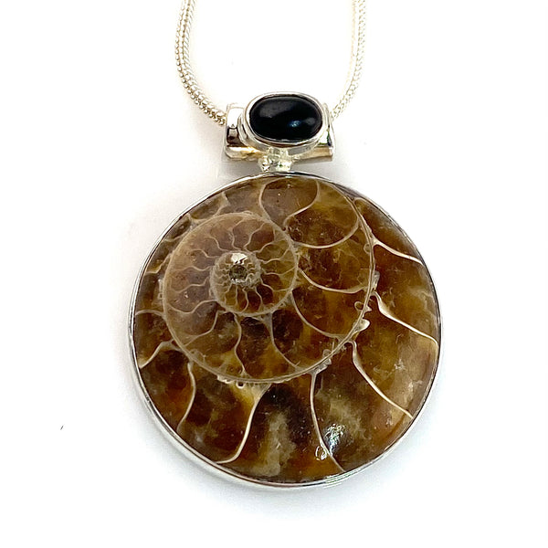Ammonite & Black Onyx Sterling Silver Pendant - Keja Designs Jewelry