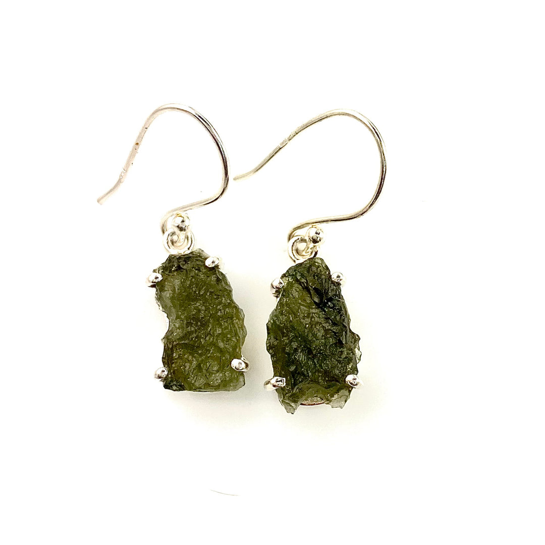 Moldavite Rough Sterling Silver Prong Set Earrings - Keja Designs Jewelry