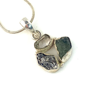 Campo de Cielo Meteorite, Moldavite & Herkimer Sterling Silver Pendant - Keja Designs Jewelry
