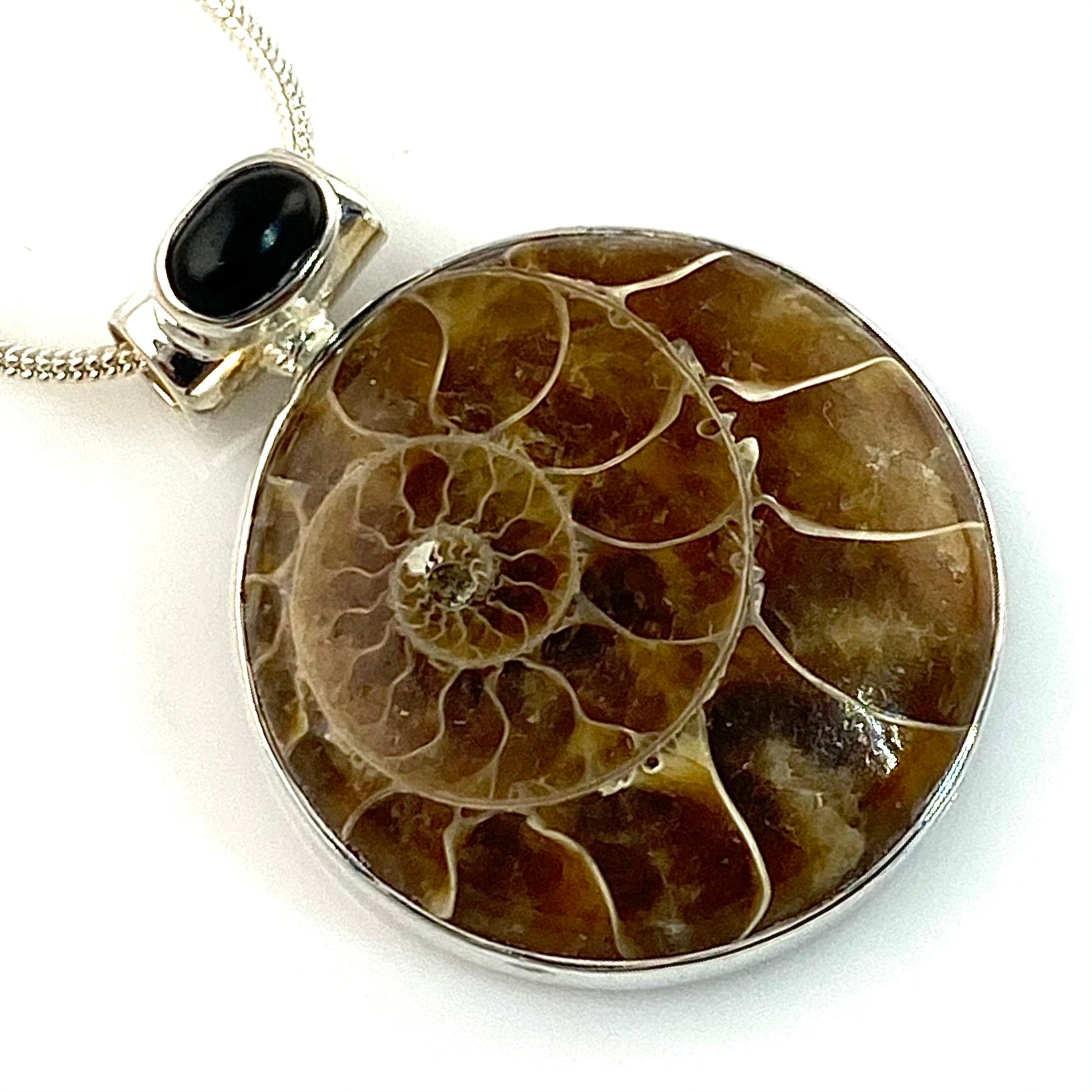 Ammonite & Black Onyx Sterling Silver Pendant - Keja Designs Jewelry