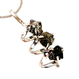 Moldavite, Shungite & Campo de Cielo Meteorite, Sterling Silver Ribbon Pendant - Keja Designs Jewelry
