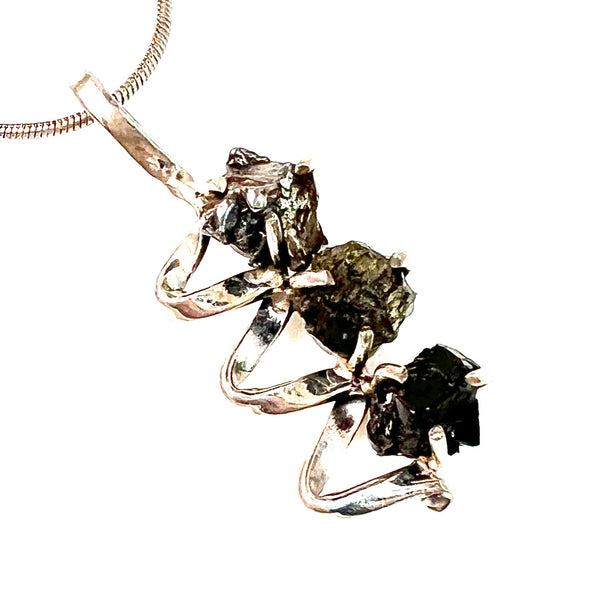 Moldavite, Shungite & Campo de Cielo Meteorite, Sterling Silver Ribbon Pendant - Keja Designs Jewelry