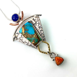 Blue Copper Turquoise, Lapis & Coral Sterling Silver Three Tone Pendant - Keja Designs Jewelry