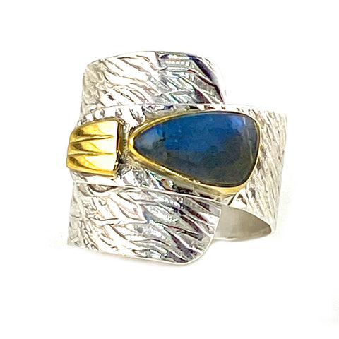 Labradorite Two Tone Sterling Silver Adjustable Wrap Ring - Keja Designs Jewelry