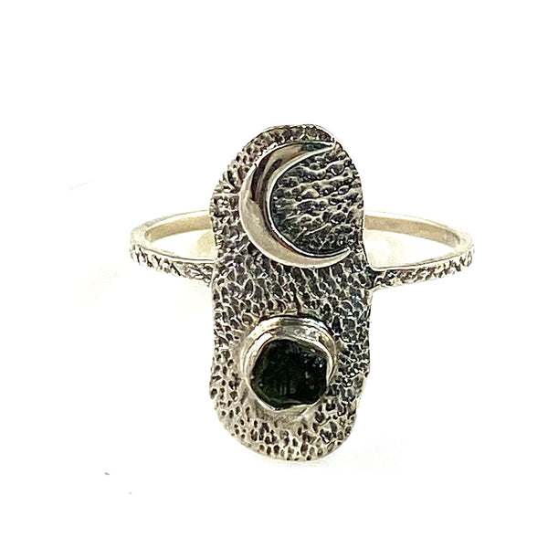 The Sun, The Moon & The Stars Moldavite Meteorite Sterling Silver Ring - Keja Designs Jewelry