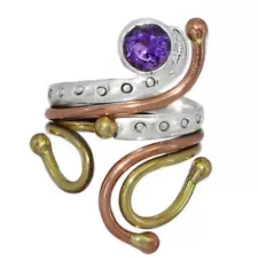 Amethyst Three Tone Sterling Silver Adjustable Ring - Keja Designs Jewelry