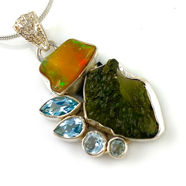 Moldavite, Ethiopian Opal Rough & Blue Topaz Sterling Silver Pendant - Keja Designs Jewelry