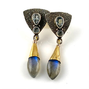 Labradorite & Blue Topaz Sterling Silver Two Tone Lotus Earrings - Keja Designs Jewelry
