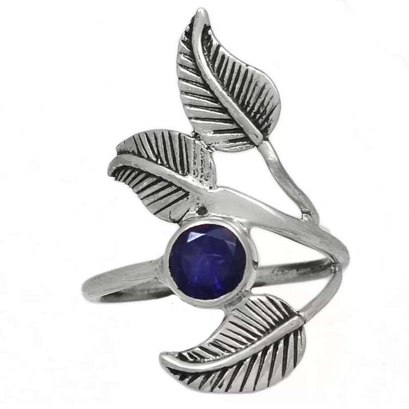 Sapphire Sterling Silver Leaf Ring - Keja Designs Jewelry