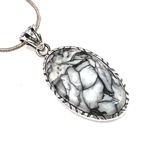 Pinolith & Black Sterling Silver Etched Oval Pendant - Keja Designs Jewelry