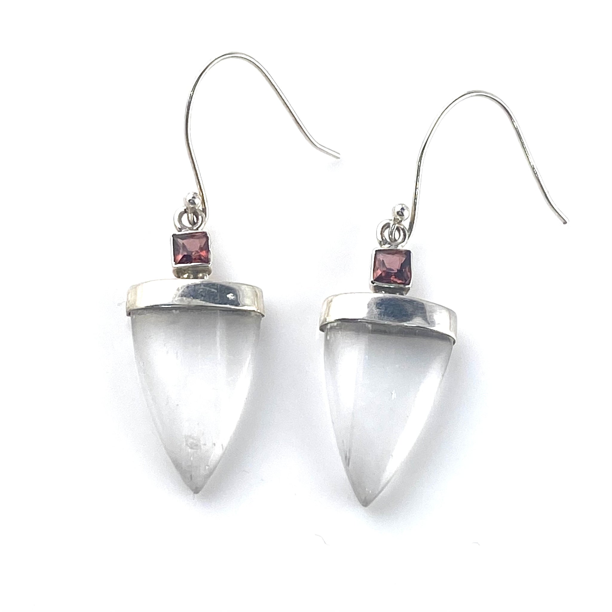 Selenite & Garnet Sterling Silver Point Earrings - Keja Designs Jewelry