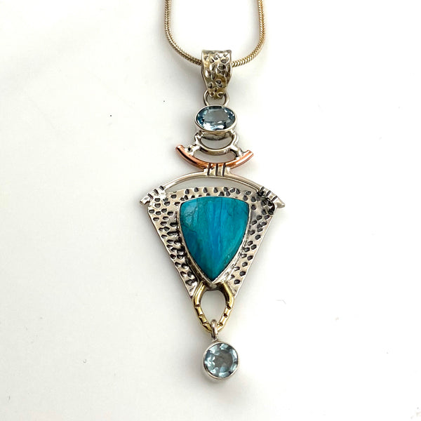Peruvian Blue Opal & Blue Topaz Sterling Silver Three Tone Pendant - Keja Designs Jewelry