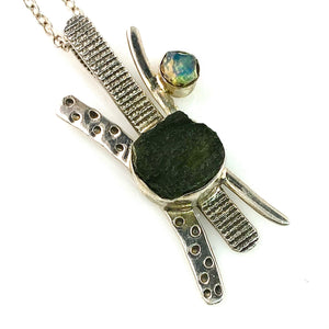 Moldavite Rough & Ethiopian Opal Rough Sterling Silver Pendant - Keja Designs Jewelry