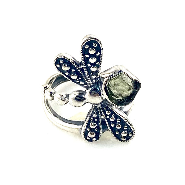 Moldavite Dragonfly Sterling Silver Ring - Keja Designs Jewelry