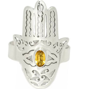 Citrine Sterling Silver Hamsa Hand Ring - Keja Designs Jewelry