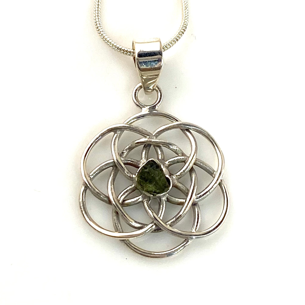 Moldavite Meteorite Rough Sterling Silver Sacred Geometry Mandala Pendant - Keja Designs Jewelry