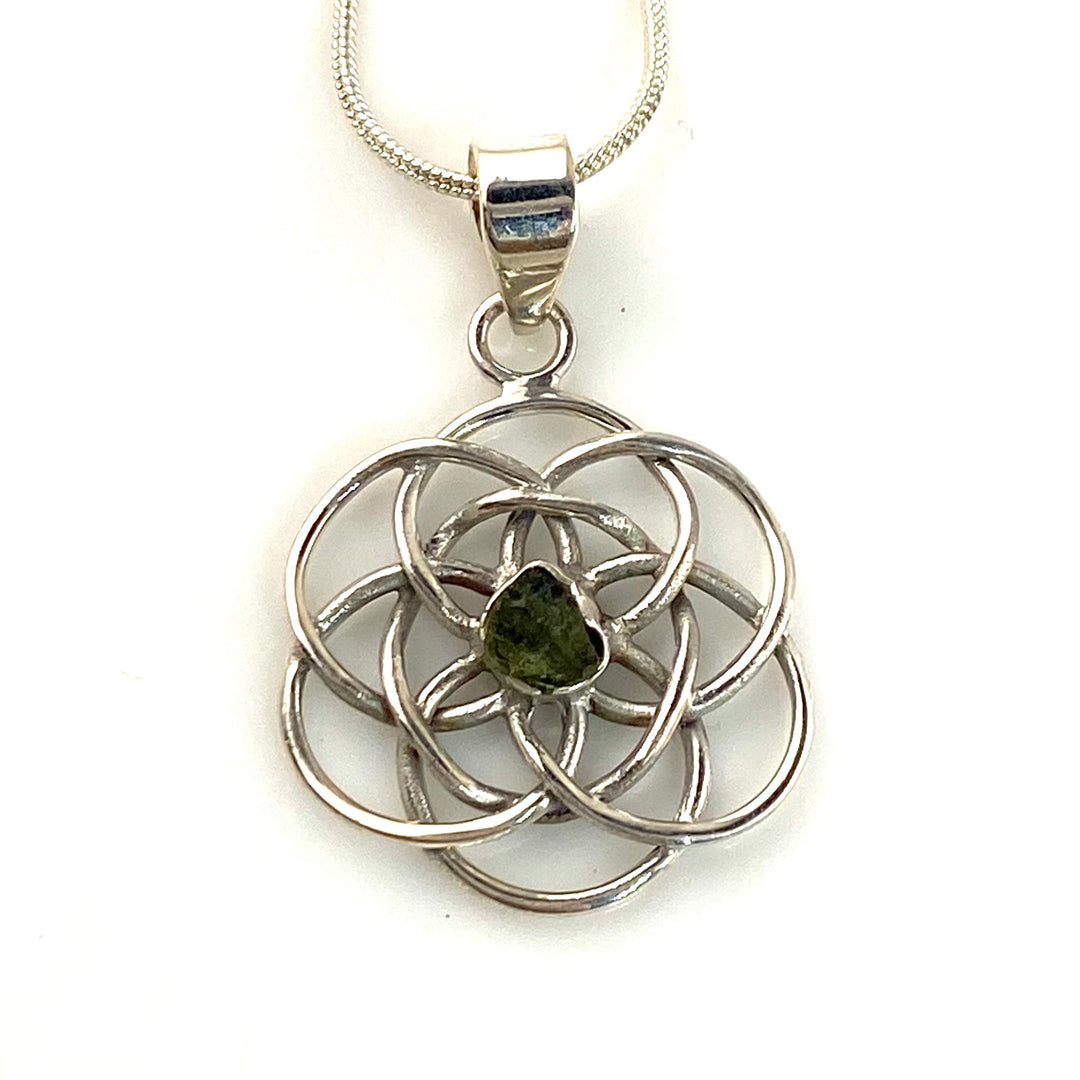 Moldavite Meteorite Rough Sterling Silver Sacred Geometry Mandala Pendant - Keja Designs Jewelry