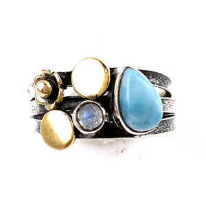 Larimar & Moonstone Sterling Silver Two Tone Floral Ring - Keja Designs Jewelry